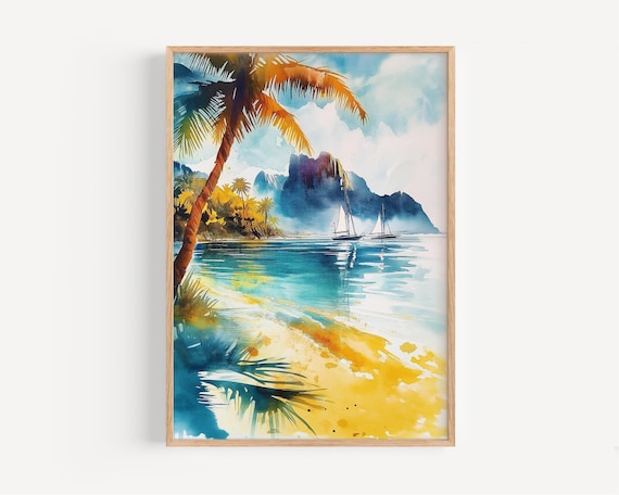 Tropical Beach Watercolor Paradise Palm Trees Sailboat Island Poster