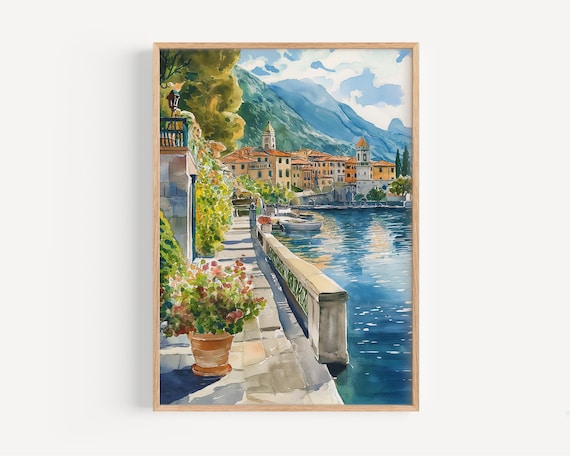 Lake Como Watercolor Italy Travel Poster, Decor