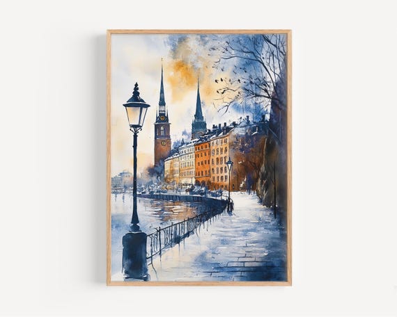 Stockholm Watercolor Painting Wall Art Print Sweden Poster Travel Decor Illustration Home Swedish