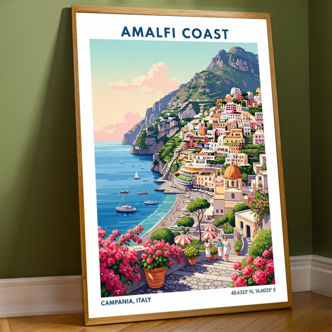 Amalfi Coast Italy Positano Cliffside Town Beach Travel Poster