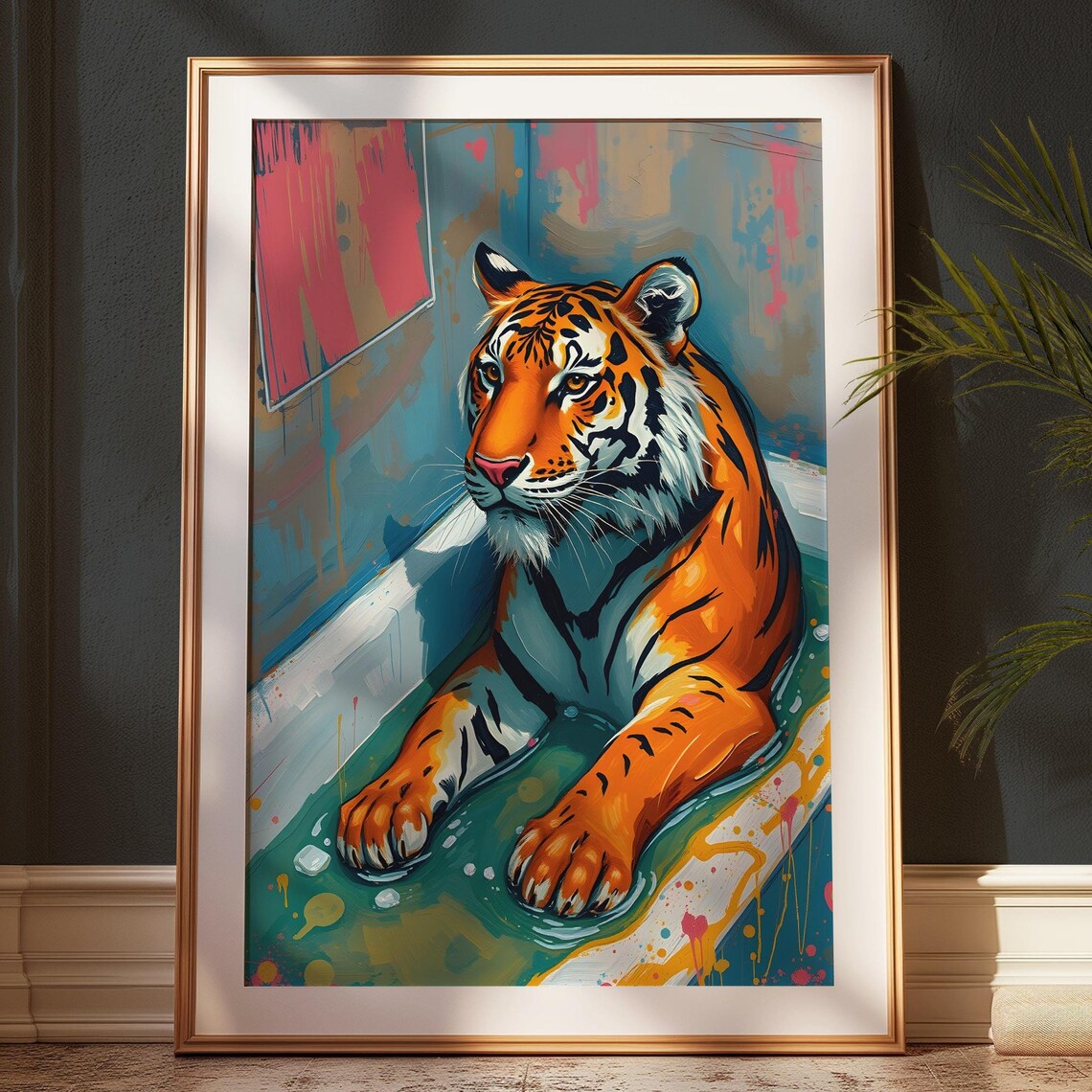 Playful Tiger Lounging In A Bathtub Abstract Colorful Art Poster