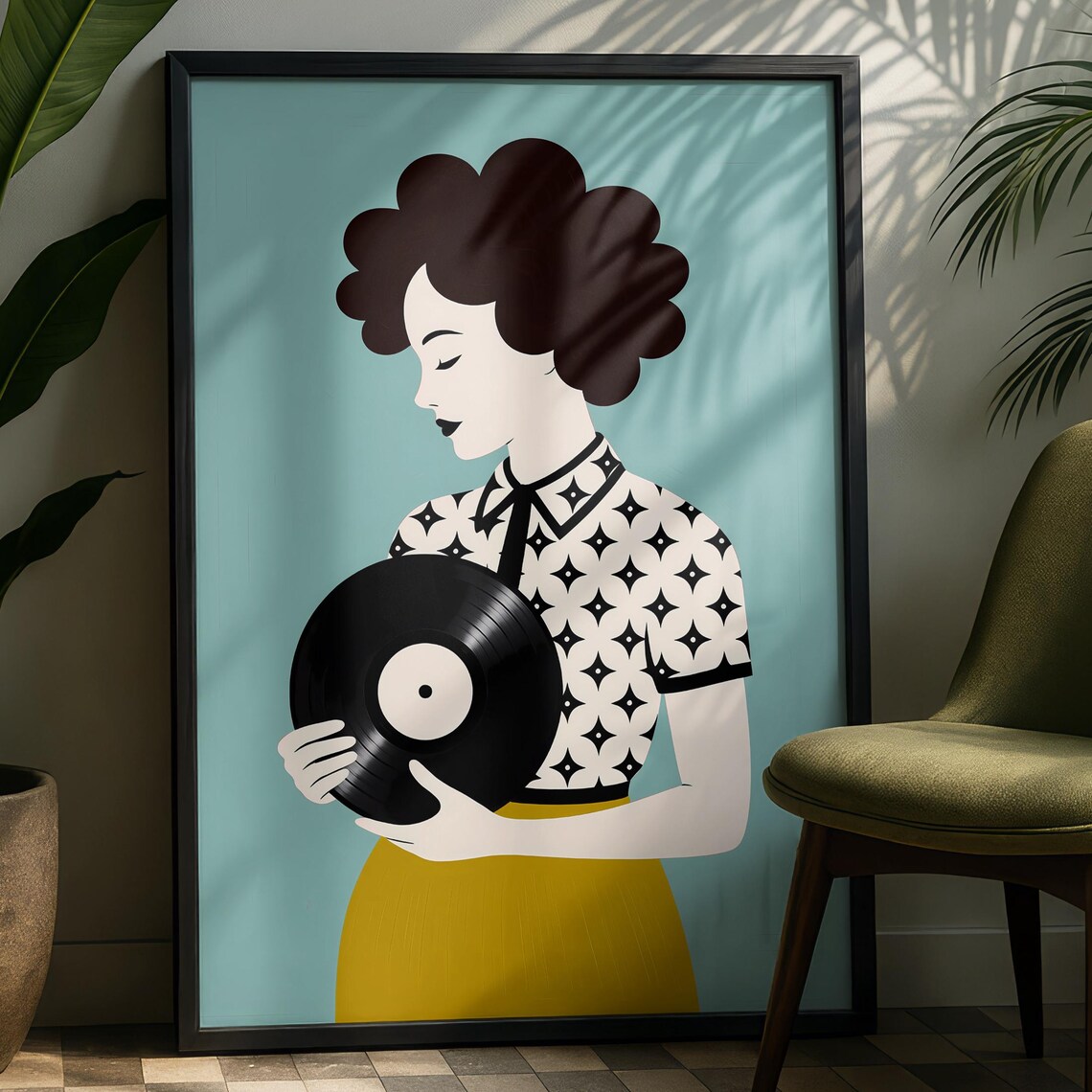 Mid Century Woman Holding Vinyl Record Retro Music Art Poster