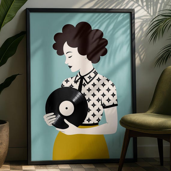 Vinyl Record Wall Art Modern Retro Woman Music Lover Mid Century Gallery Funky Home Decor Print