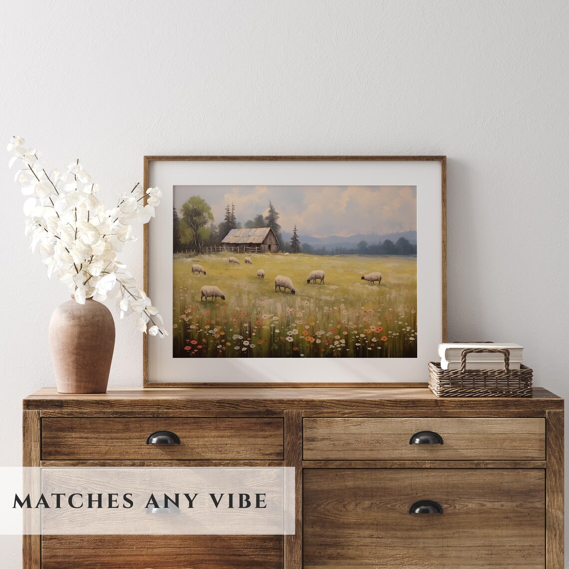 Sheep Grazing in Flower Meadow with Barn Vintage Country Poster - Image 4
