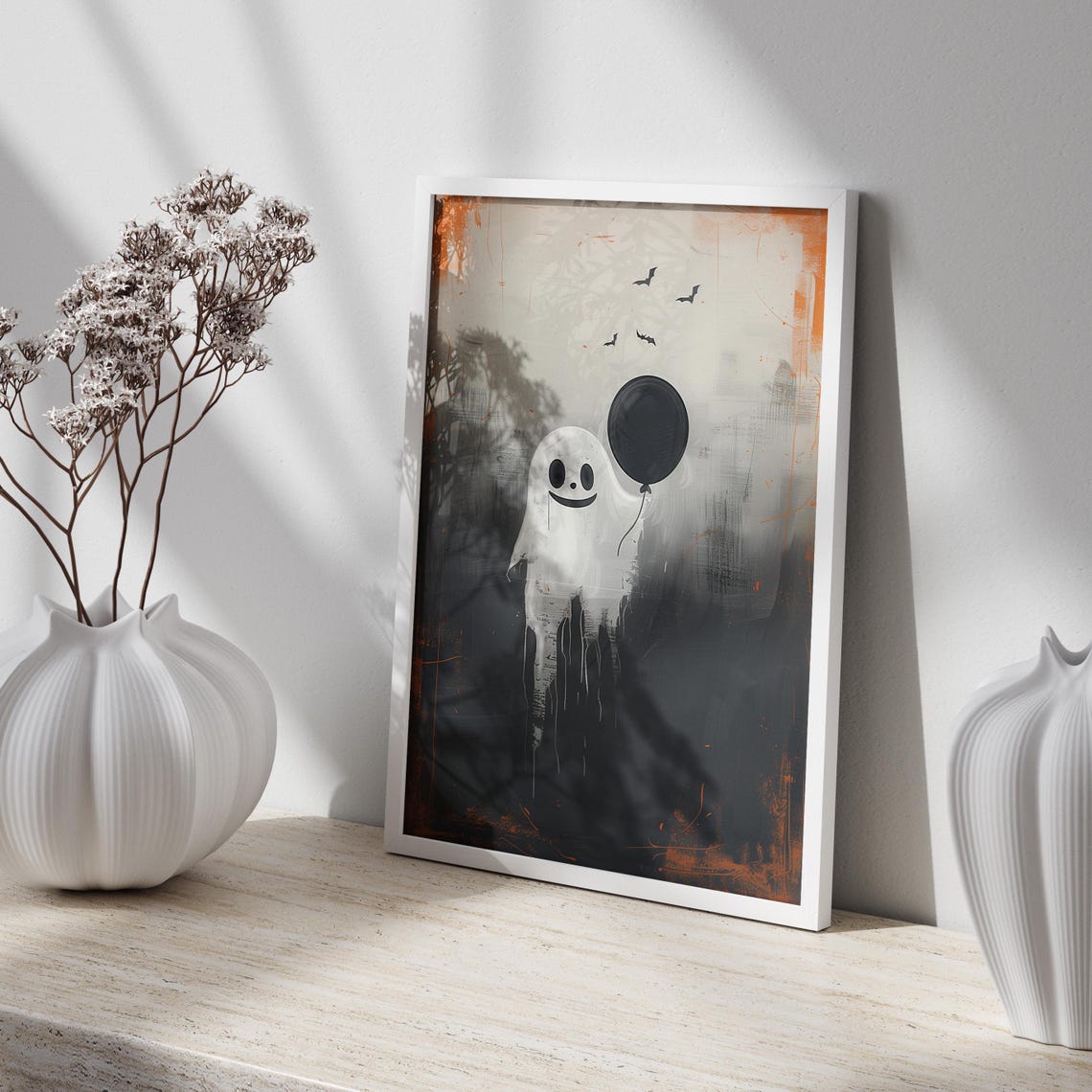 Cute Ghost Holding A Black Balloon With Flying Bats Party Poster - Image 2