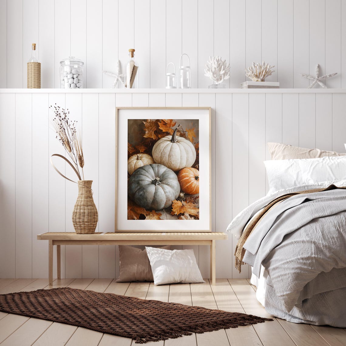 Harvest Pumpkin Still Life with Autumn Leaves in Warm Tones Poster - Image 4