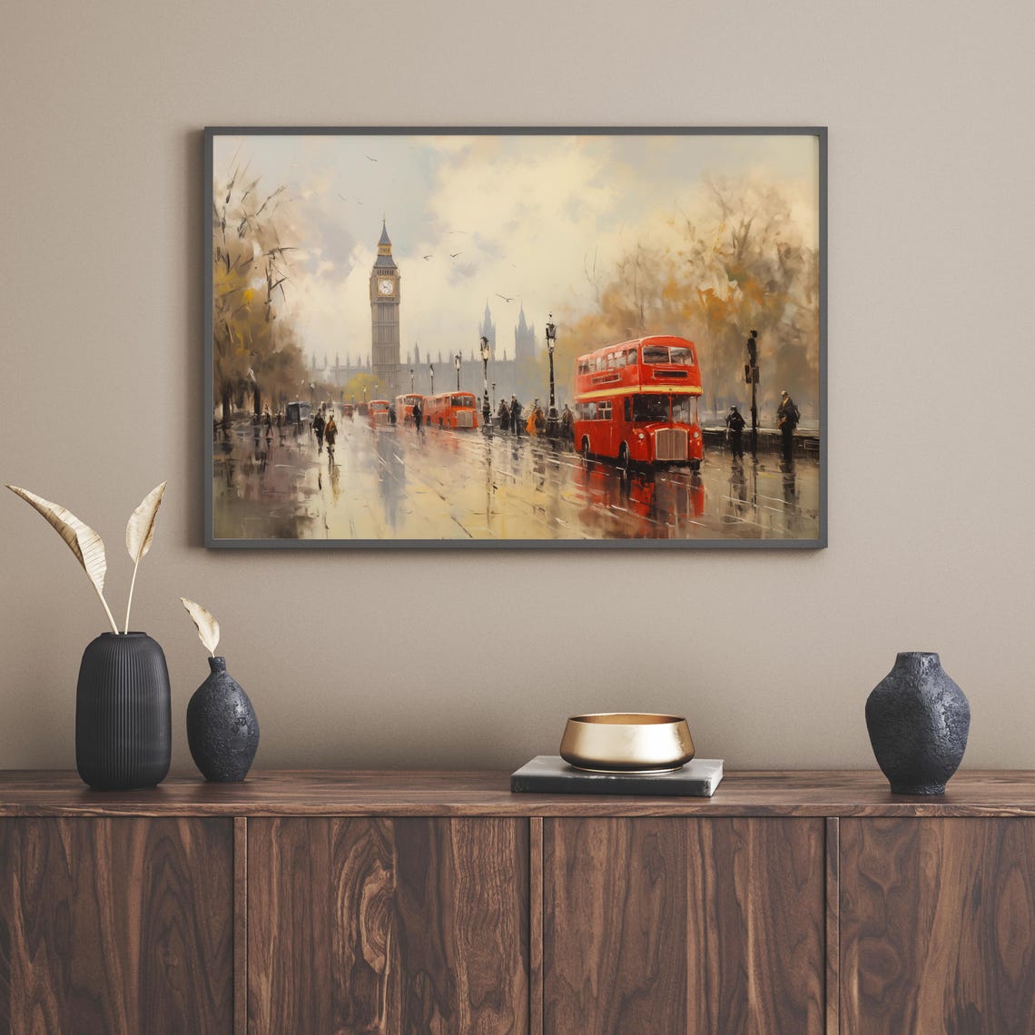 London Cityscape Wall Art Big Ben And Red Bus Painting Rainy Day British Decor Iconic London Street Scene Travel Vintage Wall Art - Image 4