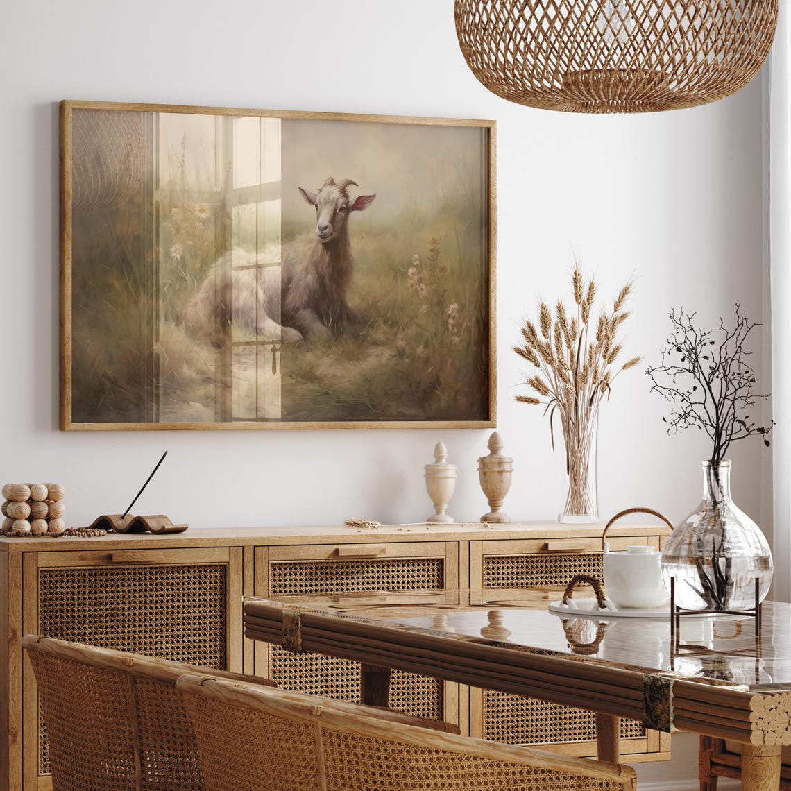 Young Goat Resting In Tall Grass On A Hazy Morning Farm Poster - Image 2