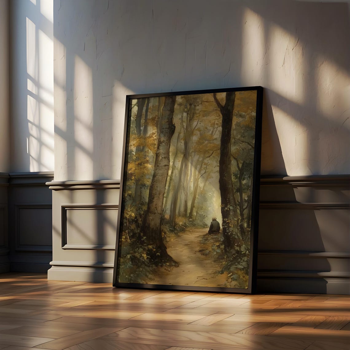 Misty Autumn Forest Path with a Lone Traveler Figure Resting Poster - Image 4