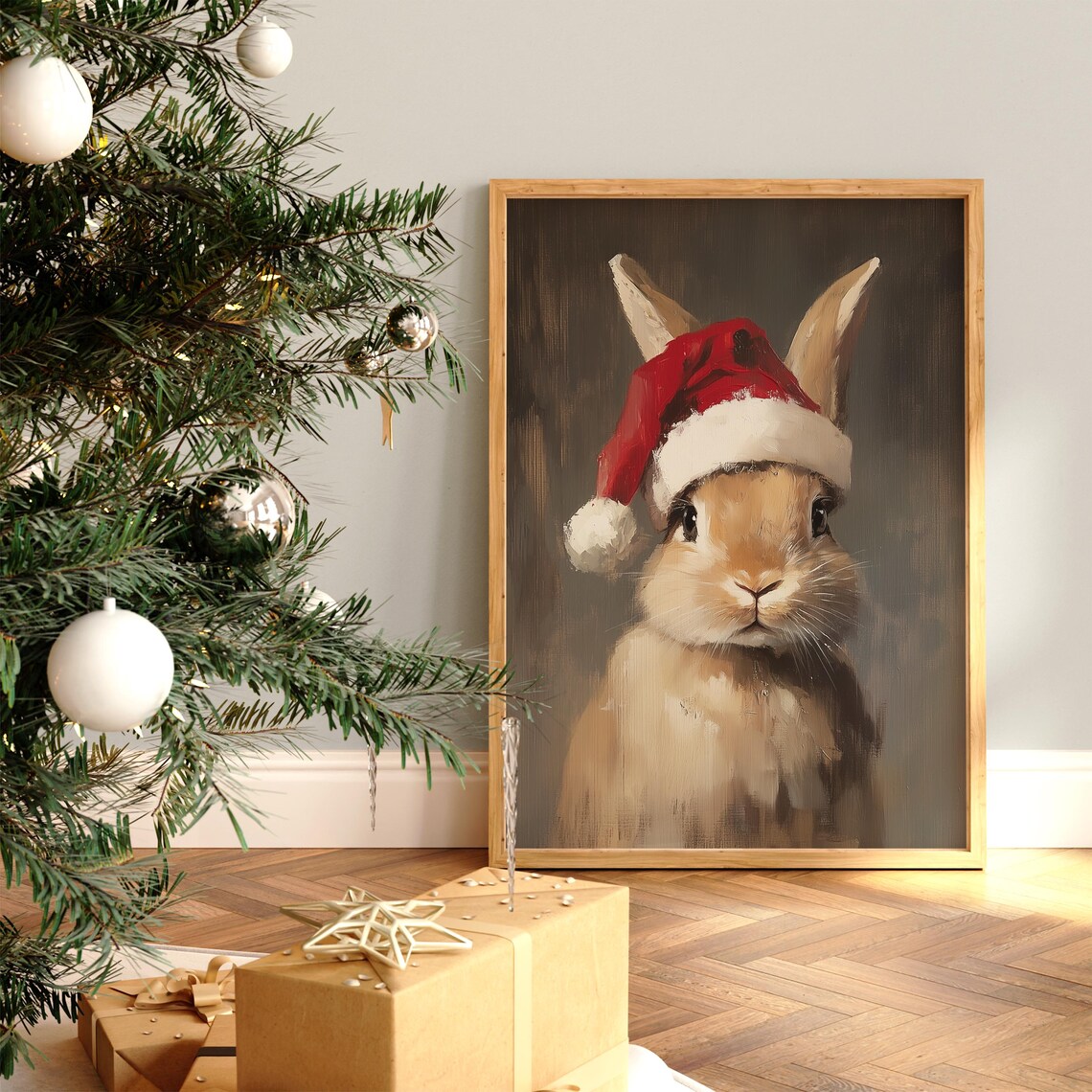 Cute Bunny Wearing Santa Hat Portrait Christmas Poster for Kids - Image 2