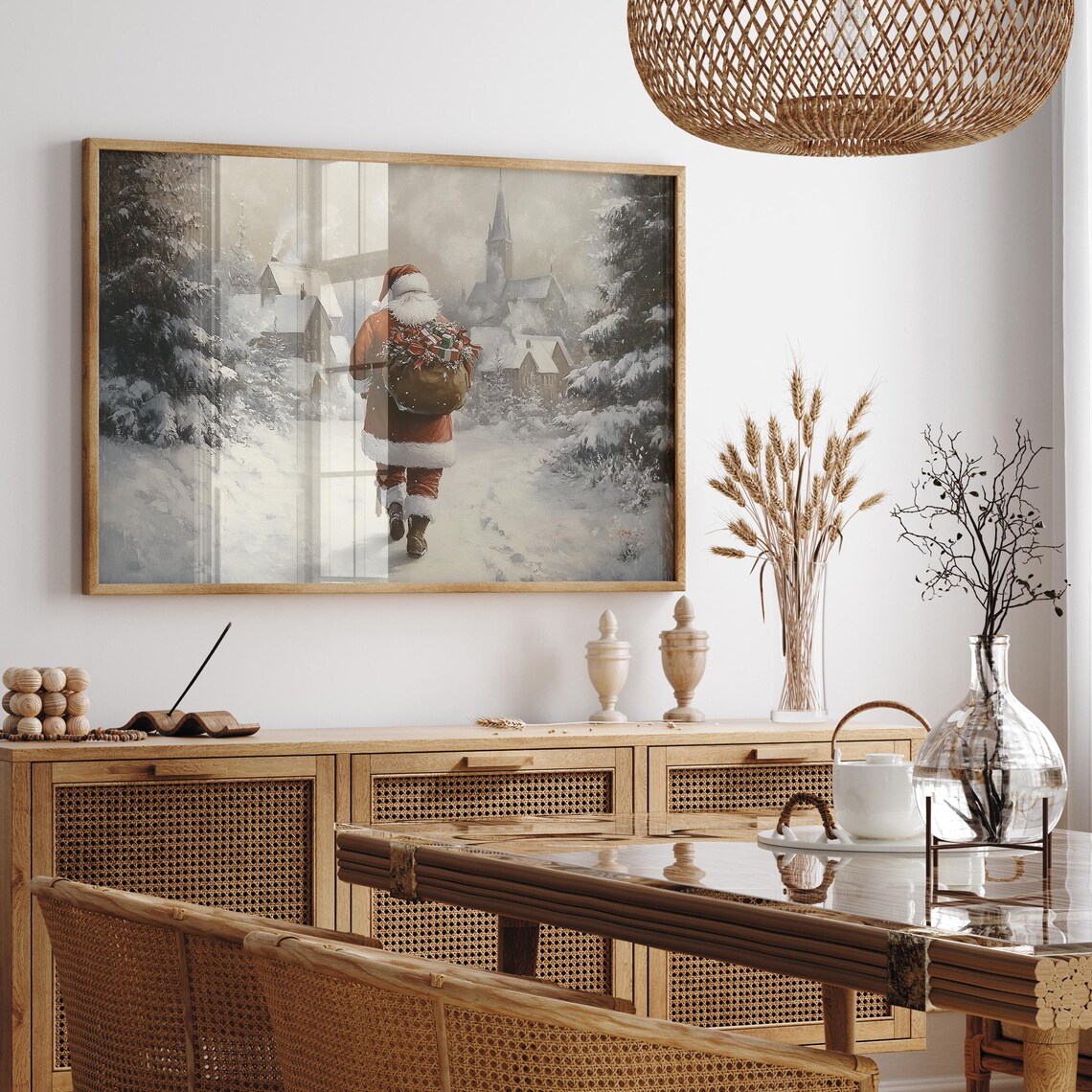 Santa Claus Gift Sack Walking Away to a Snowy Village Poster - Image 2