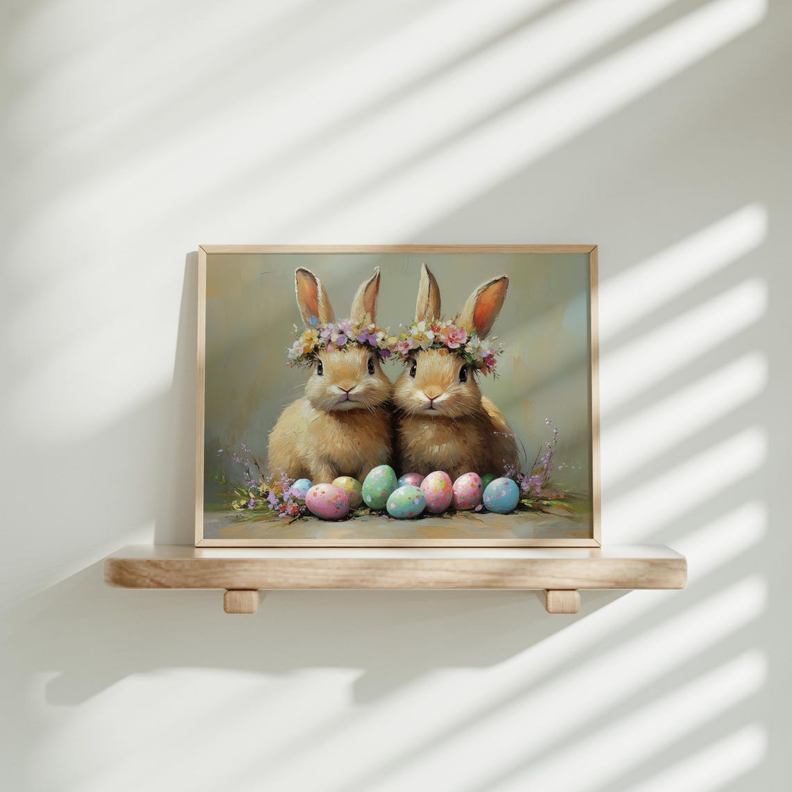 Two Cute Bunnies Wearing Flower Crowns Beside Easter Eggs Poster - Image 2