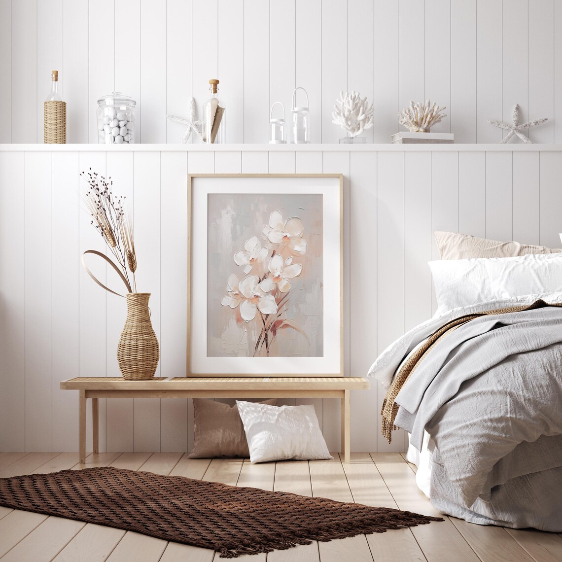 White Orchid Blooms in Soft Beige Textured Impasto Floral Poster - Image 4