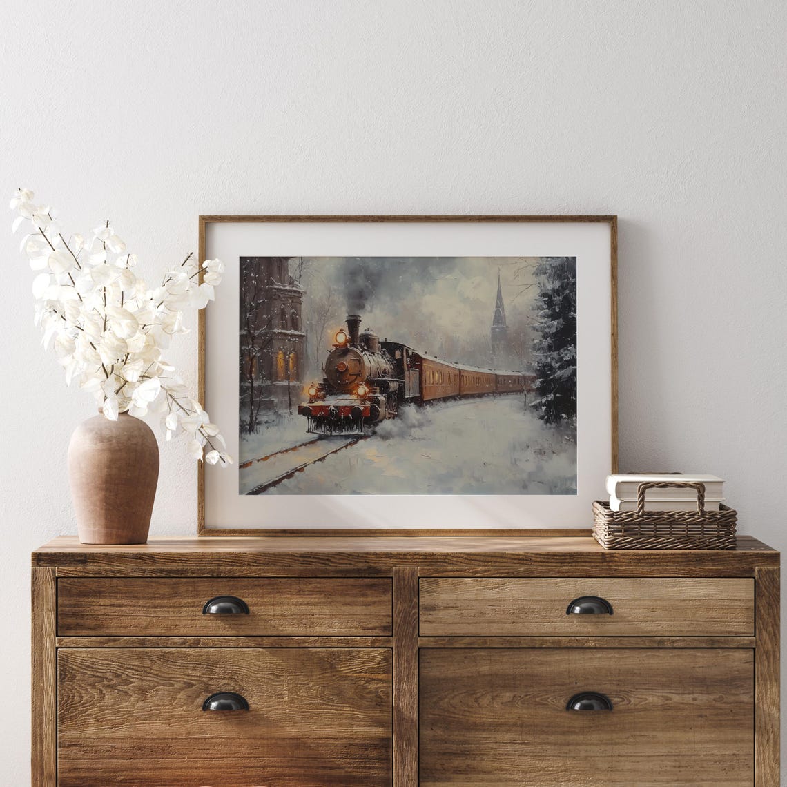 Vintage Steam Train Arriving at a Snowy Town at Dusk Poster Art - Image 3