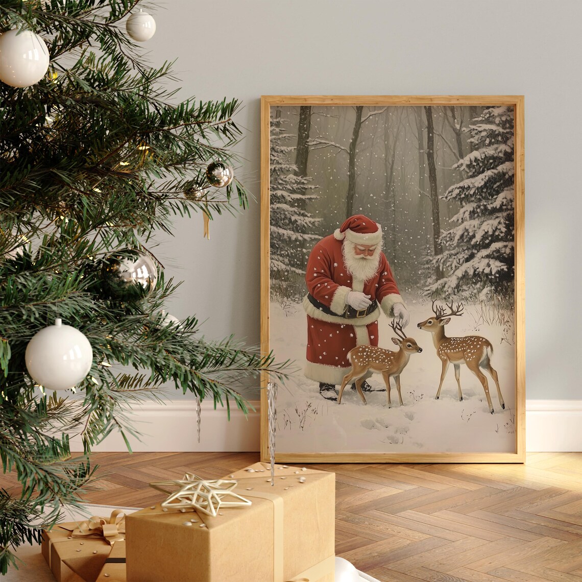Santa Claus Gently Feeding Two Spotted Fawns In A Snowy Forest Poster - Image 2