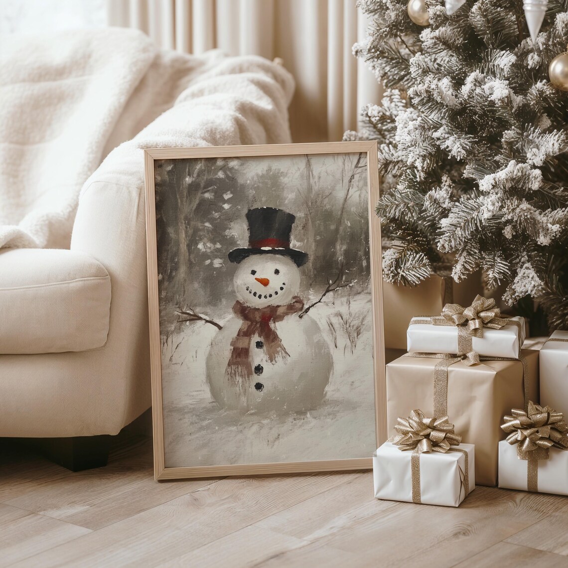 Vintage Snowman with Top Hat Scarf in Snowy Forest Painting Poster - Image 4