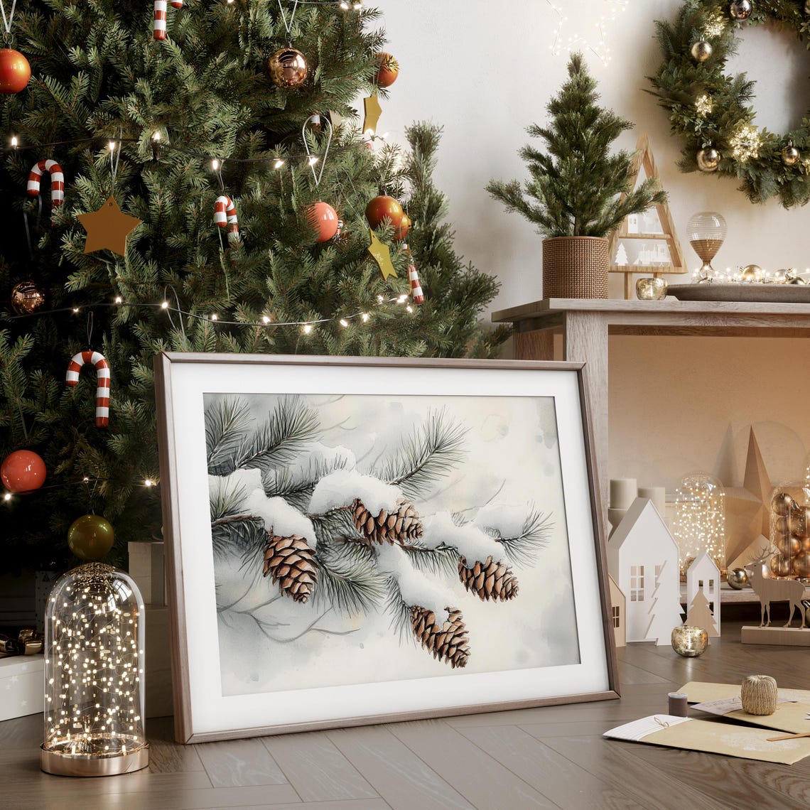 Snowy Pine Branch With Pinecones Delicate Watercolor Winter Poster - Image 3