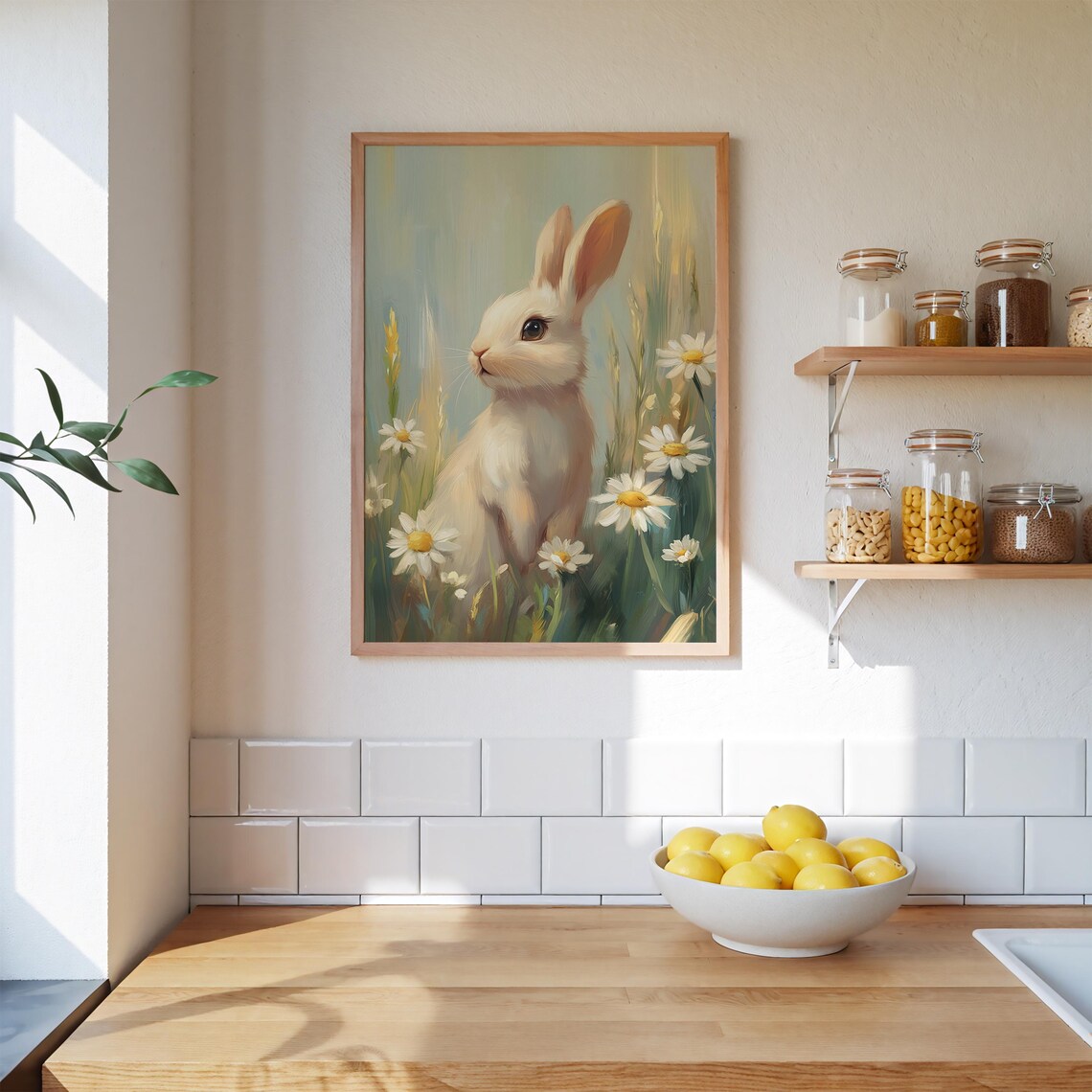 White Bunny Standing Tall Among Daisies In A Spring Meadow Poster - Image 2