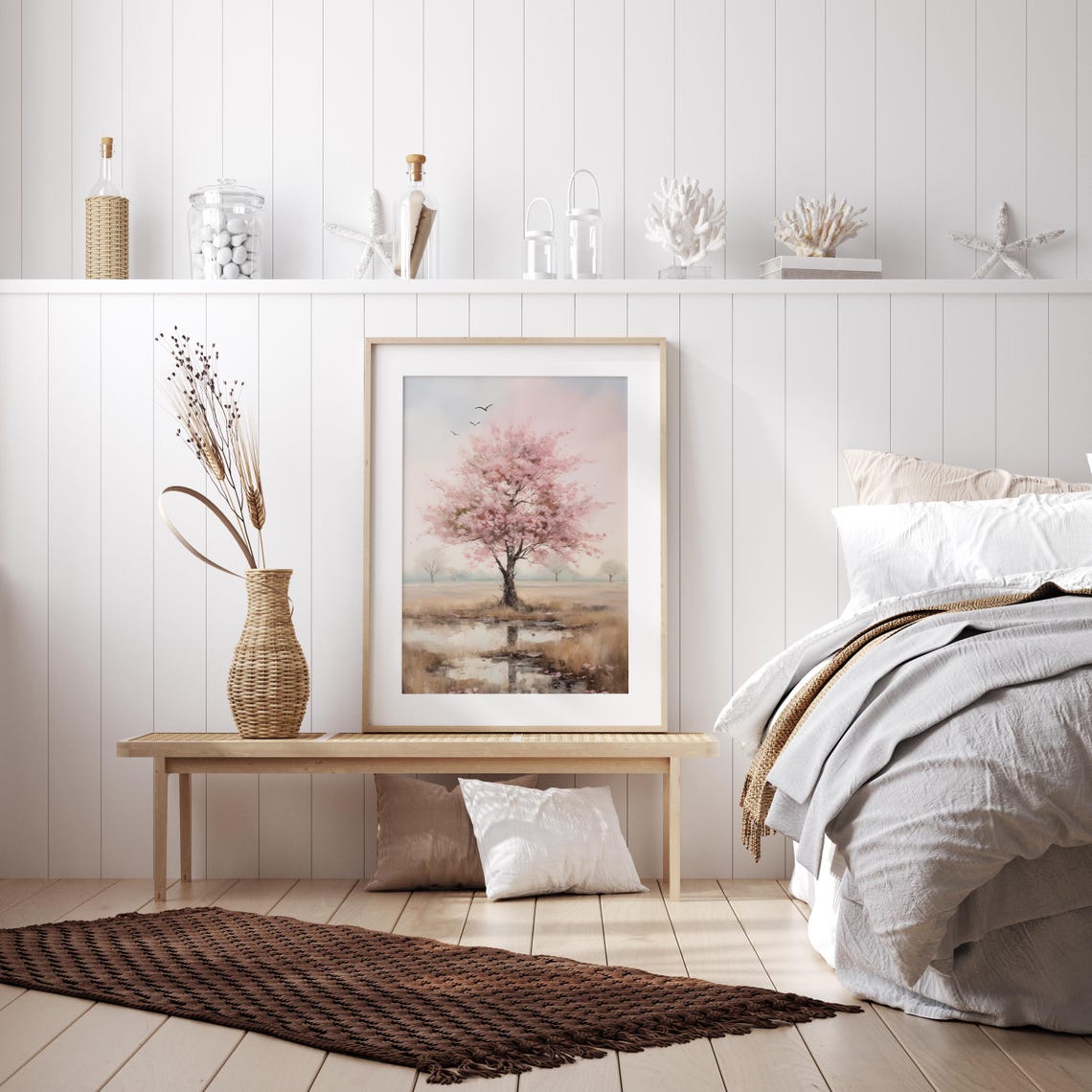 Pink Cherry Blossom Tree In A Misty Spring Field Landscape Poster - Image 2