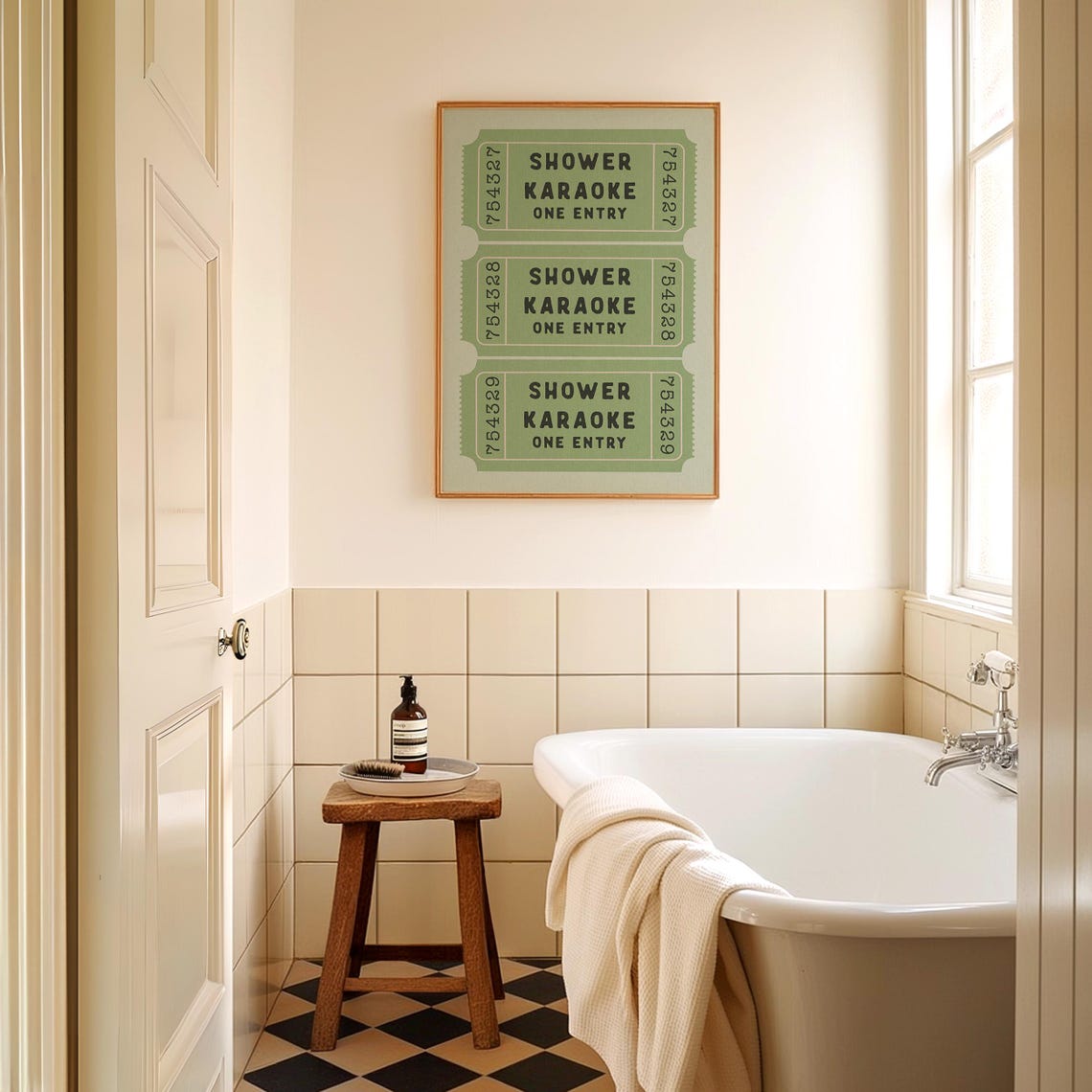 Shower Karaoke One Entry Green Retro Ticket Stub Bathroom Poster - Image 4