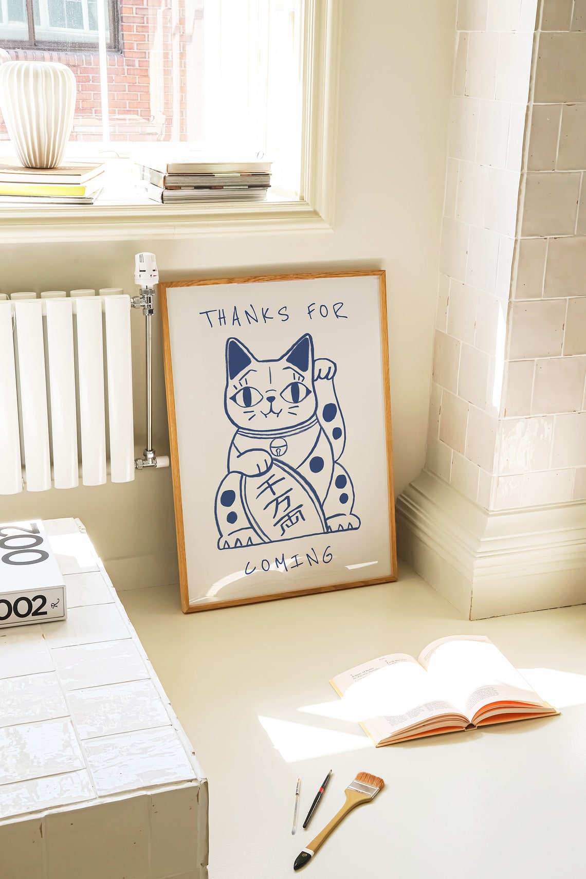 Thanks For Coming Lucky Cat Blue Line Drawing Entryway Poster - Image 2