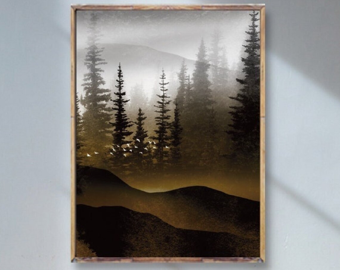 Misty Pine Forest Fog Birds Moody Woodland Nature Illustration Art Poster
