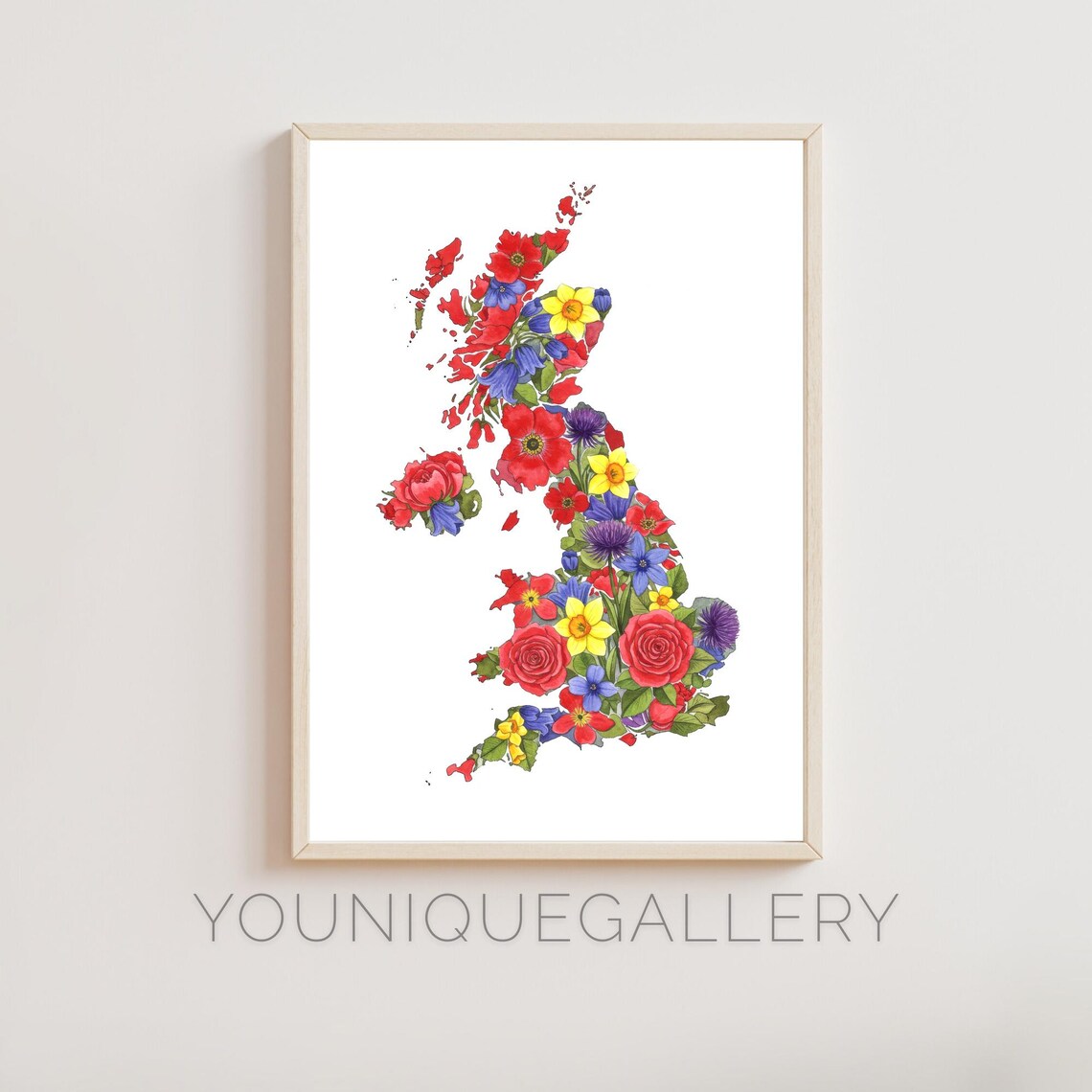 UK Floral Map Painting, Watercolor British Decor Gift
