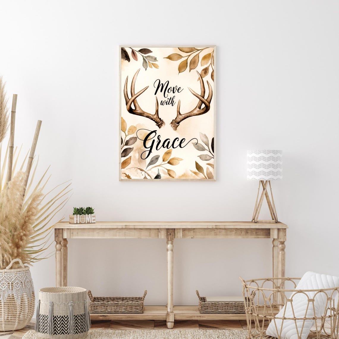 Antler Wall Art With Inspirational Quote Rustic Boho Deer Decor Move With Grace Poster For Nature Lovers - Image 3