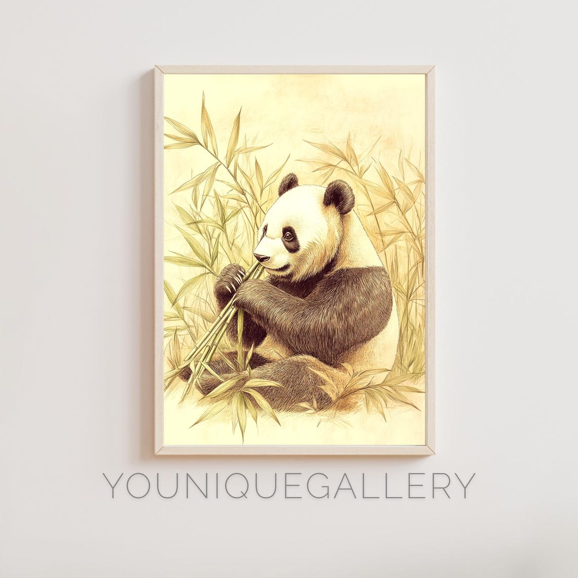 Panda Eating Bamboo Wall Art Tranquil Watercolor Style Panda Decor Nature Animal For Home