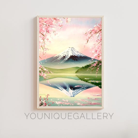 Mount Fuji Japan Painting Wall Art Cherry Blossom Landscape Poster Print Japanese Mountain View Asian Decor