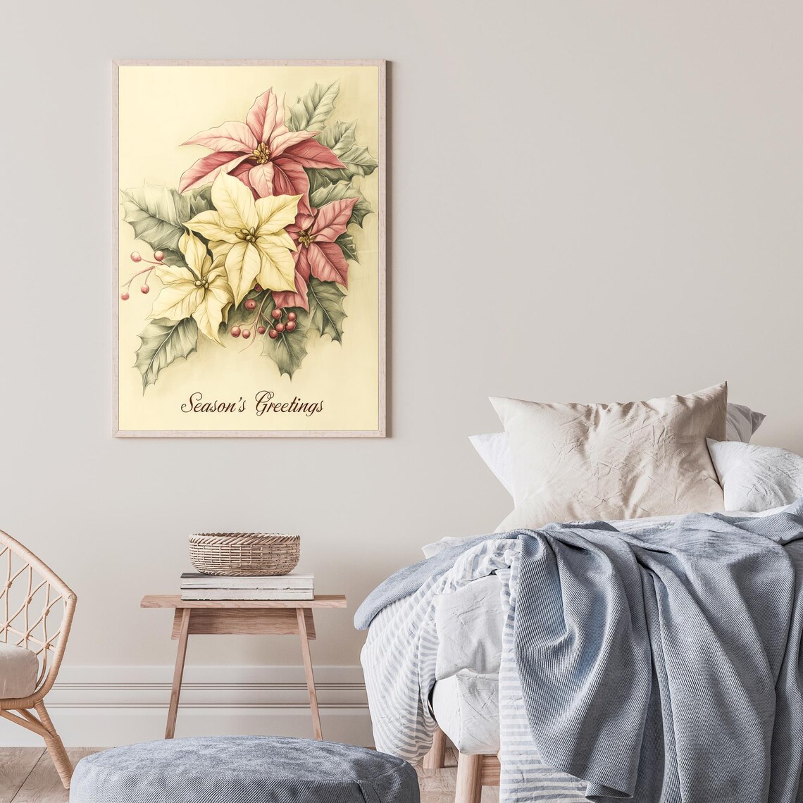 Seasons Greetings Poinsettia Vintage Floral Holiday Art Poster - Image 3