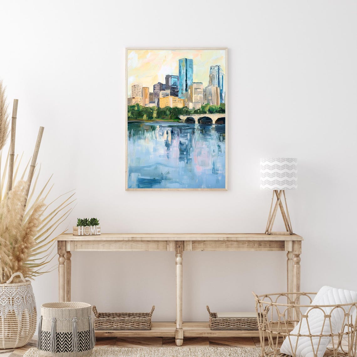 Minneapolis Minnesota Skyline Reflection Bridge Oil Painting Poster - Image 3