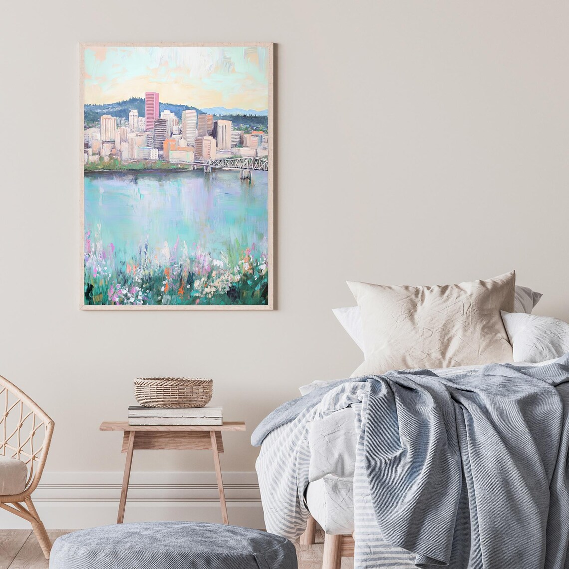Portland Oregon Skyline Bridge Wildflower River Oil Painting Poster - Image 2