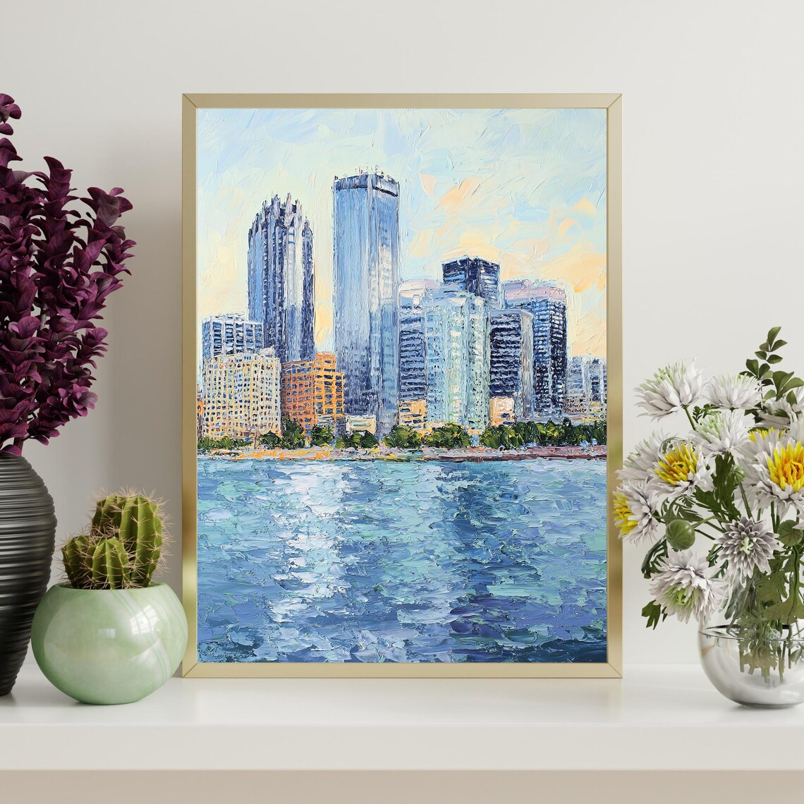 Detroit Michigan Riverfront Skyline Cityscape Oil Painting Poster - Image 4