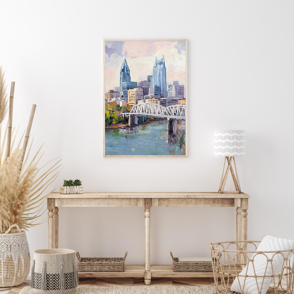 Nashville Tennessee Skyline Bridge River Sunset Oil Painting Poster - Image 3