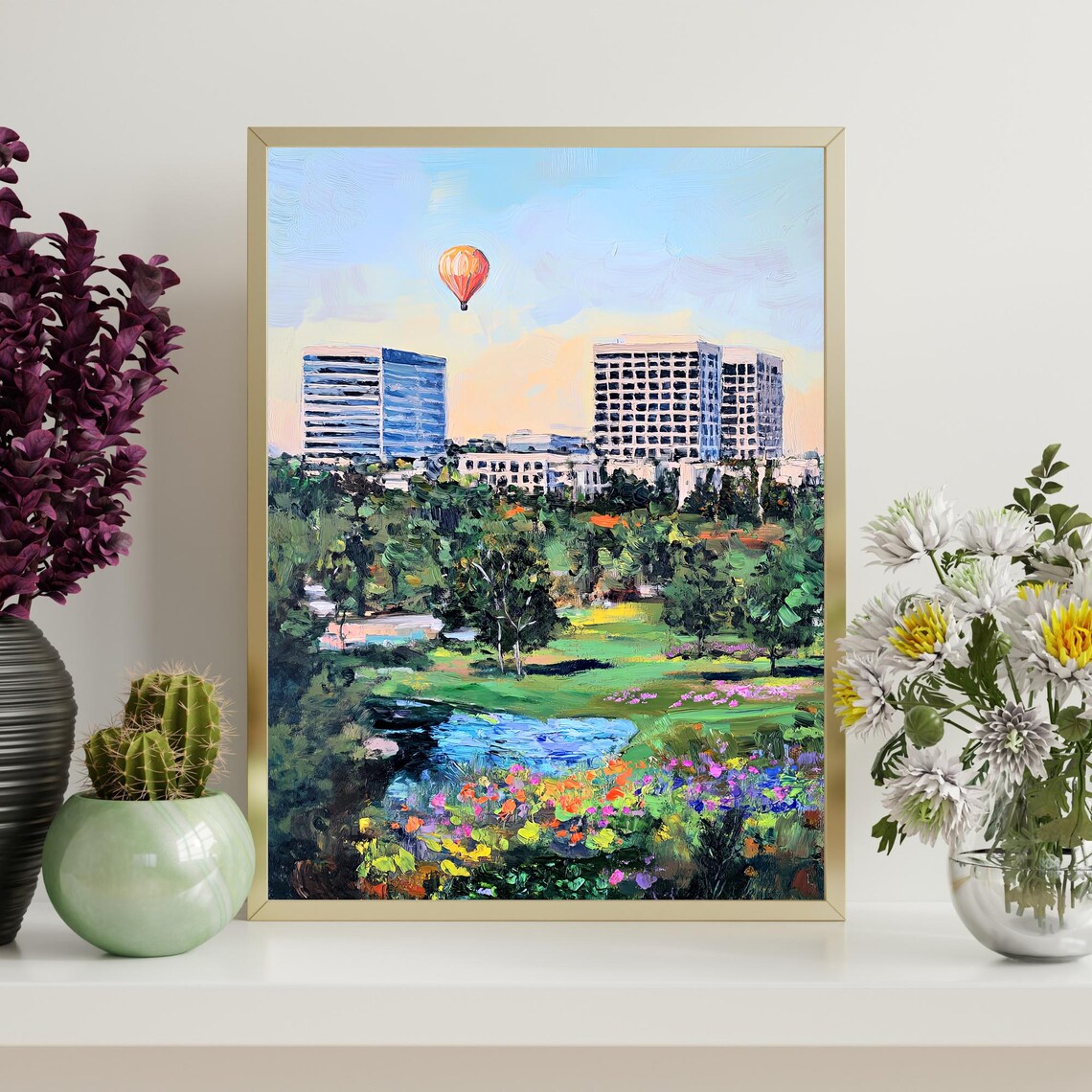 Hot Air Balloon City Park Skyline Whimsical Impressionist Oil Wall Art - Image 4