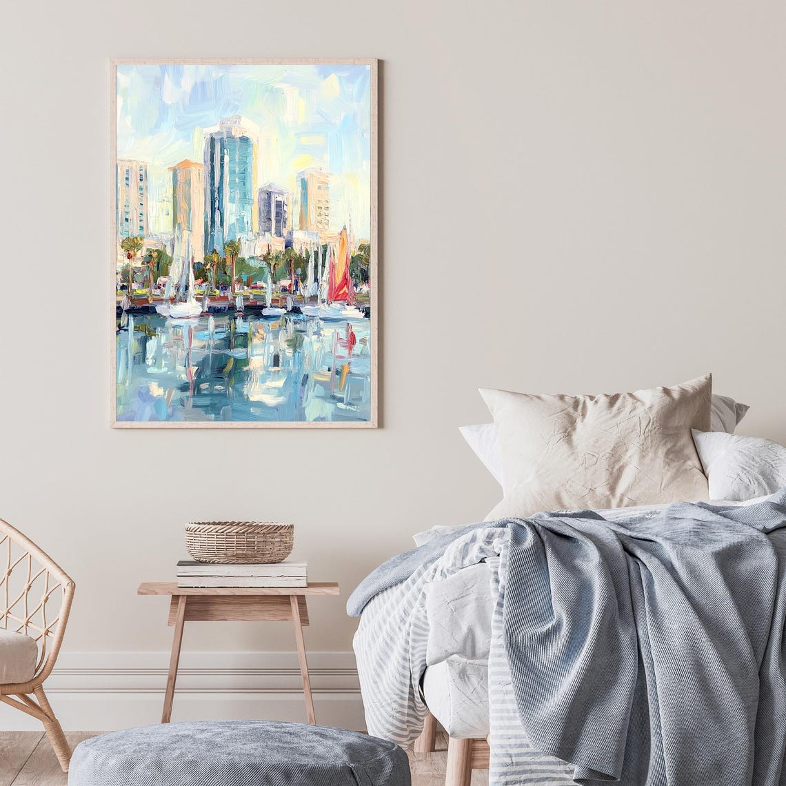 Long Beach California Marina Sailboat Skyline Oil Painting Poster - Image 2