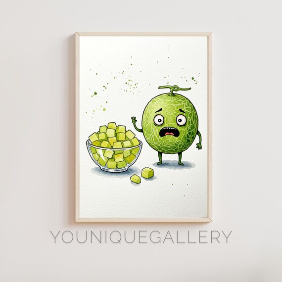 Funny Cantaloupe Horror Kitchen Print Cute Melon Wall Art Food Humor Watercolor Illustration Fruit Pun Decor