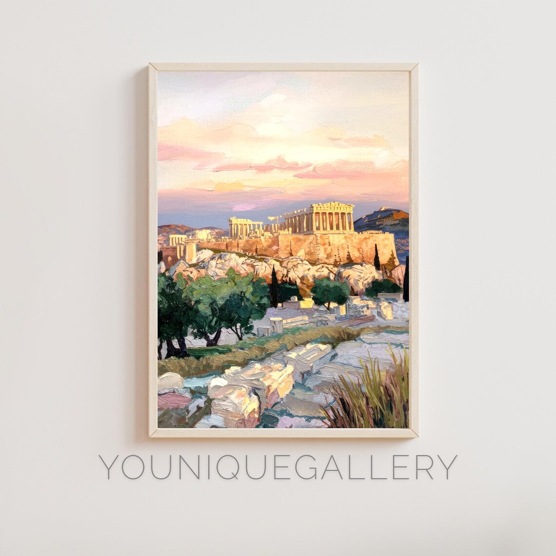 Acropolis Of Athens Greece Parthenon Golden Sunset Ancient Ruins Painting Poster