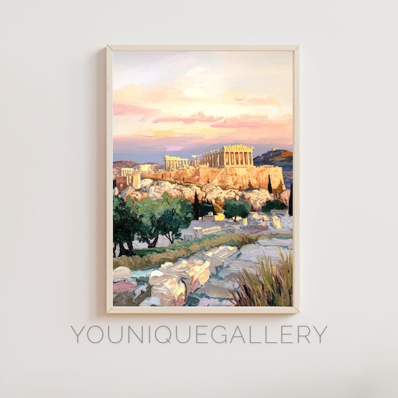 Acropolis Of Athens Greece Parthenon Golden Sunset Ancient Ruins Painting Poster