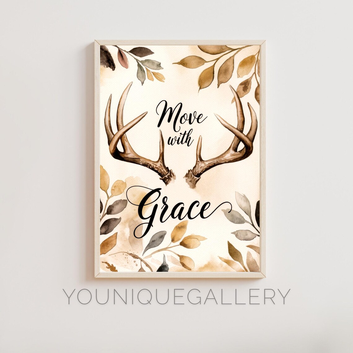 Move With Grace Deer Antlers Autumn Leaves Watercolor Quote Poster
