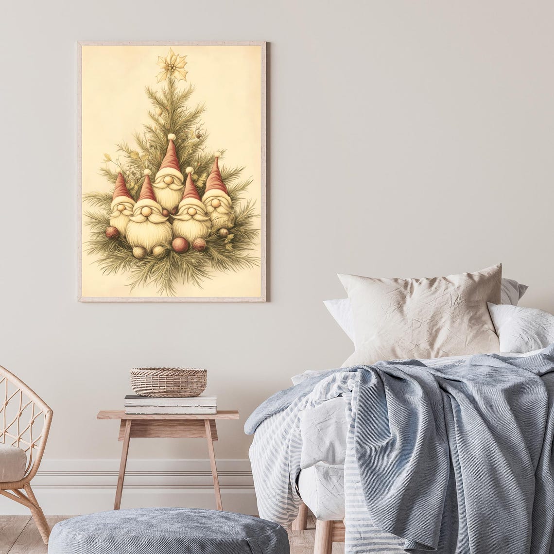 Cute Christmas Gnome Tree Five Vintage Gnomes Holiday Poster - Image 3