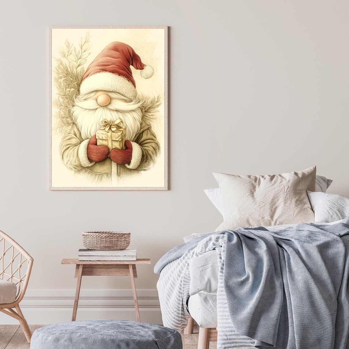 Vintage Christmas Gnome Holding Gift Festive Holiday Art Poster - Image 3