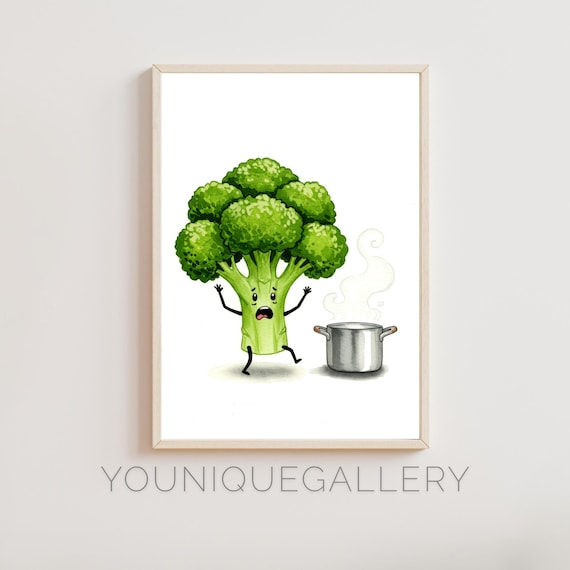 Funny Broccoli Kitchen Art Cute Food Humor Wall Decor Watercolor Vegetable Illustration Healthy Eating Gift