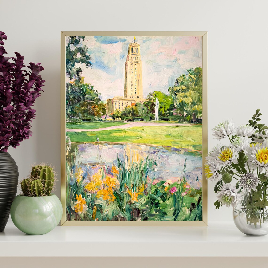 University Clock Tower Campus Pond Flower Garden Oil Painting Wall Art - Image 4