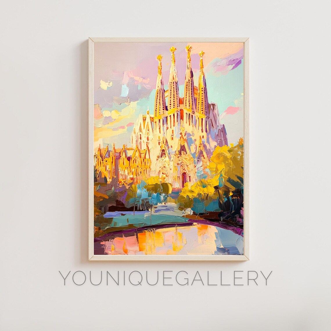 Sagrada Familia Barcelona Gaudi Basilica Spires Golden Sunset Painting Poster