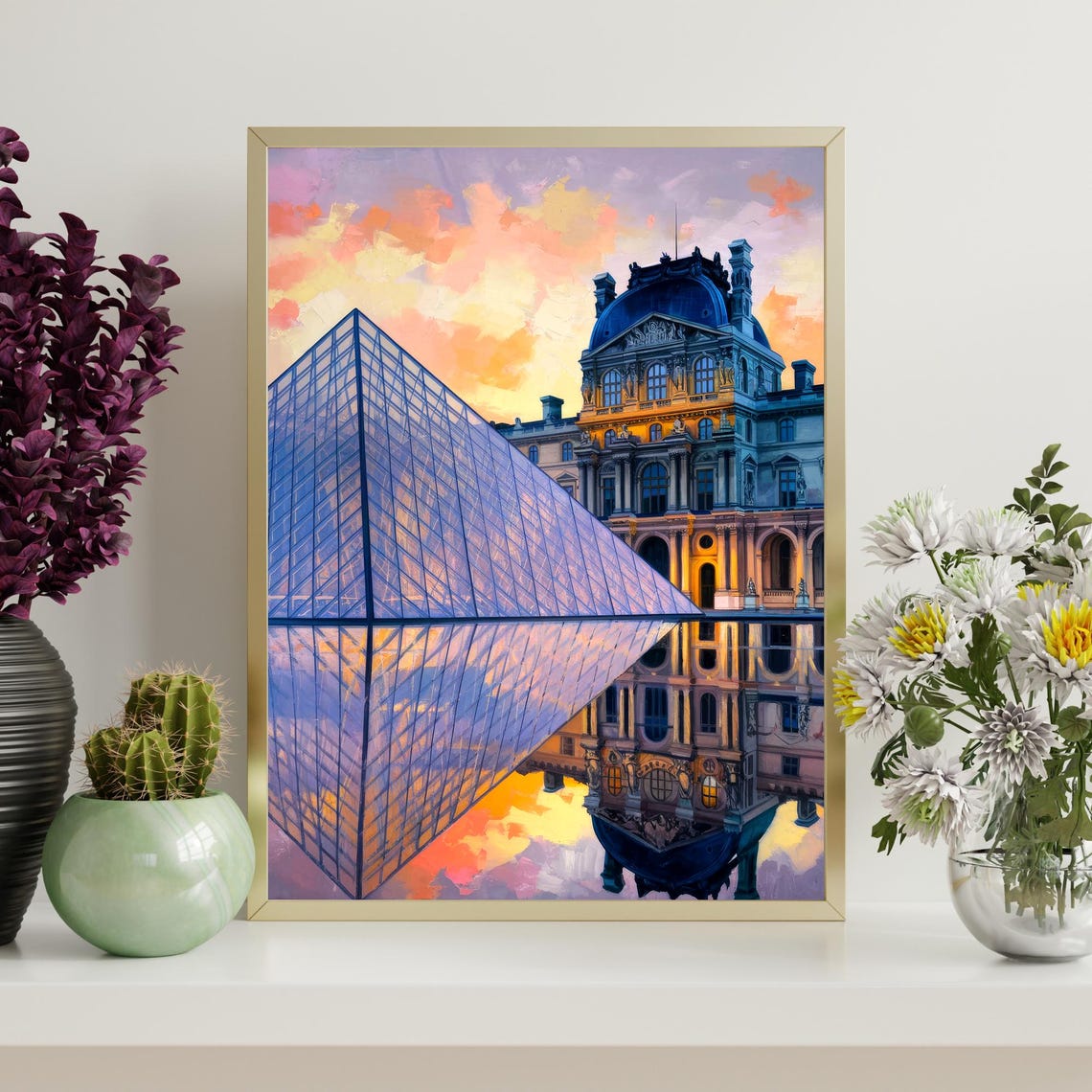 Louvre Museum Paris Glass Pyramid Sunset Reflection Painting Poster - Image 4