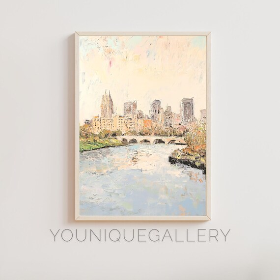 City Skyline Arched Stone Bridge River Impressionist Oil Painting Wall Art