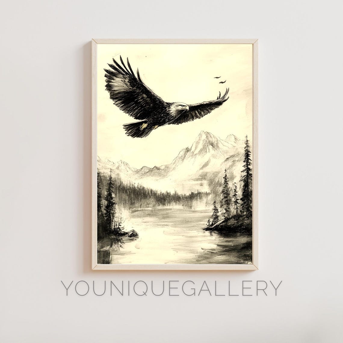 Bald Eagle Soaring Over Mountain Lake Ink Sketch Wildlife Wall Art