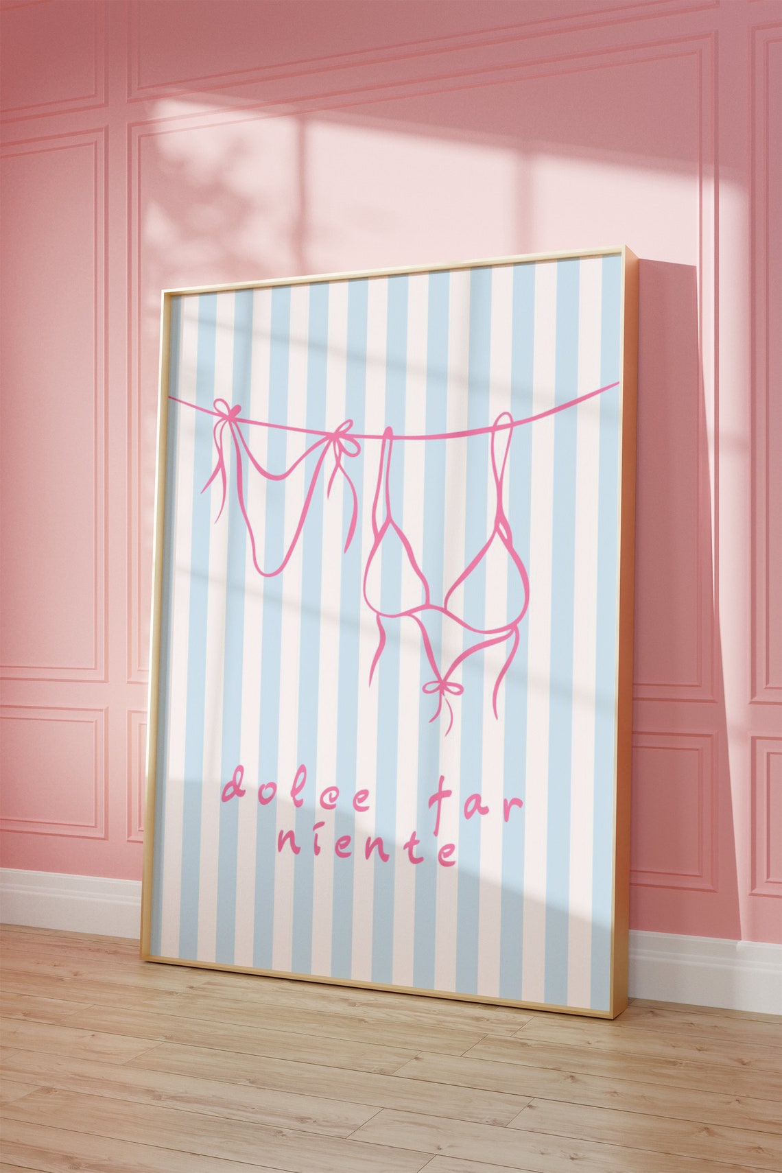 Dolce Far Niente Pink Bikini Clothesline Blue Stripe Beach Poster - Image 4